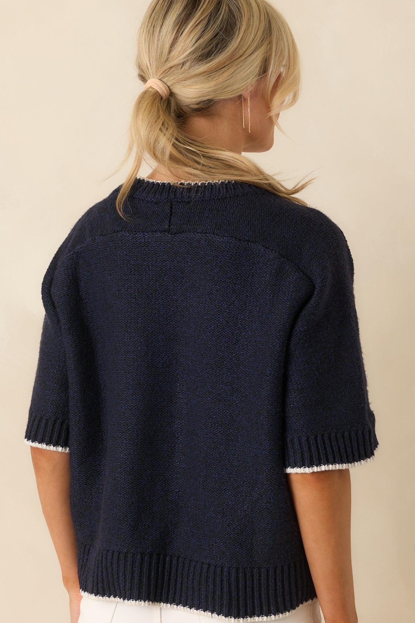 Never Looked Back Navy Contrast Trim Short Sleeve Sweater L / Navy Product Image