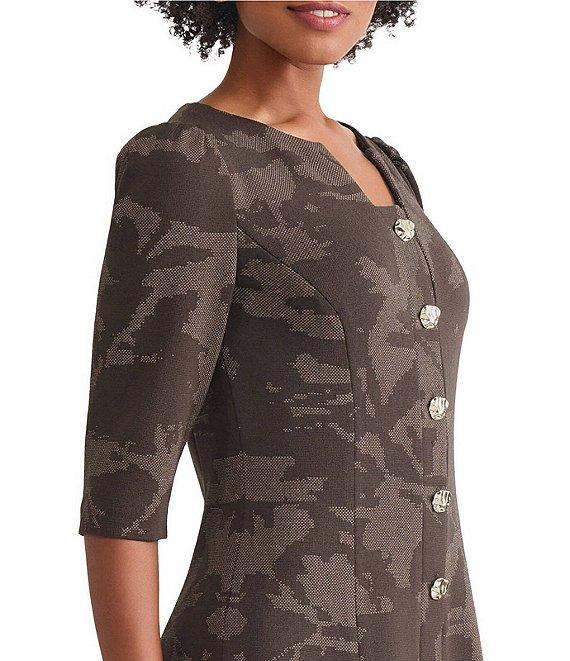 Ming Wang Floral Jacquard Soft Knit Split Crew Neck Elbow Sleeve Dress Product Image