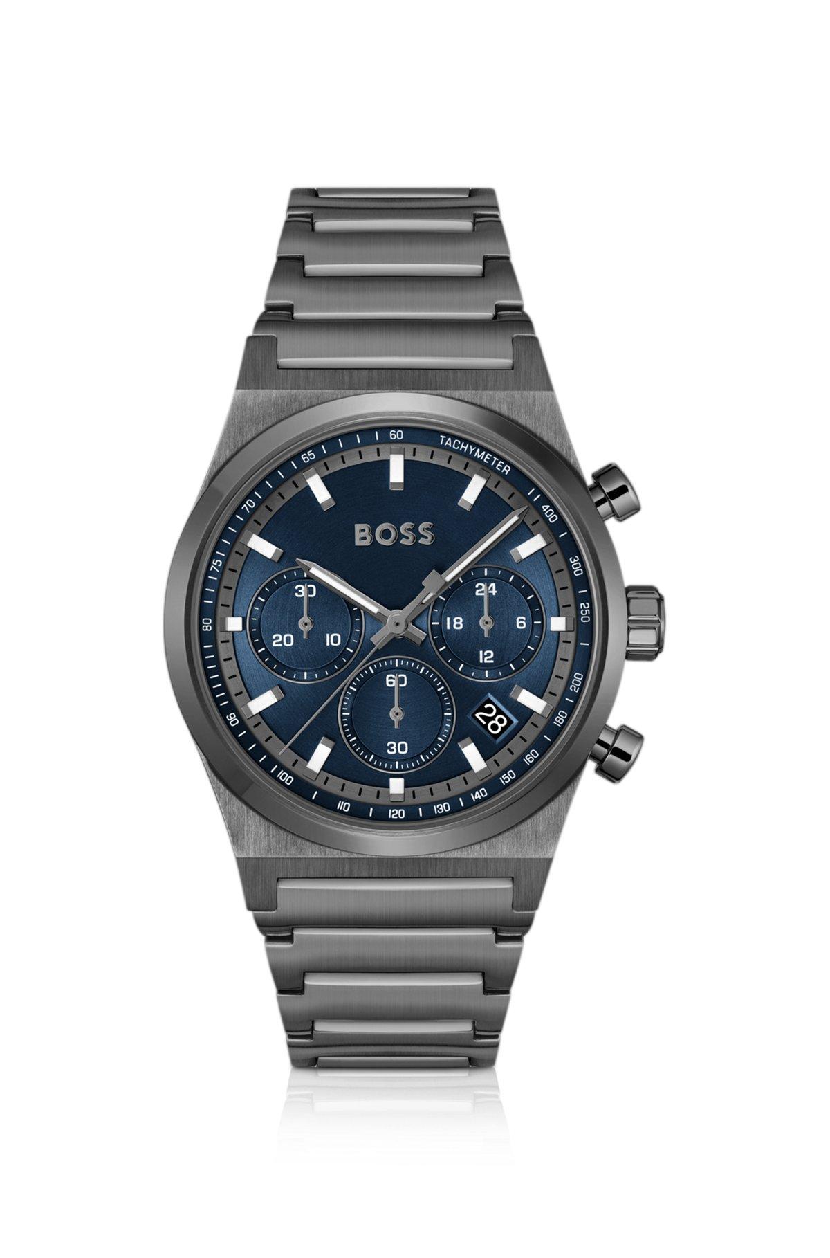 BOSS - Grey-plated chronograph watch with blue dial Product Image
