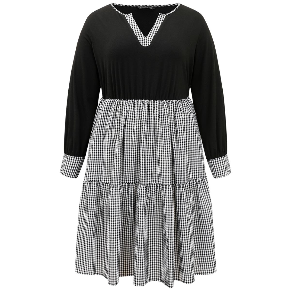 Plus Size Notched Drawstring Gingham Patchwor Dress Black Women Casual Patchwork Notched collar Long Sleeve Curvy Midi Dress BloomChic 18-20/2X Product Image
