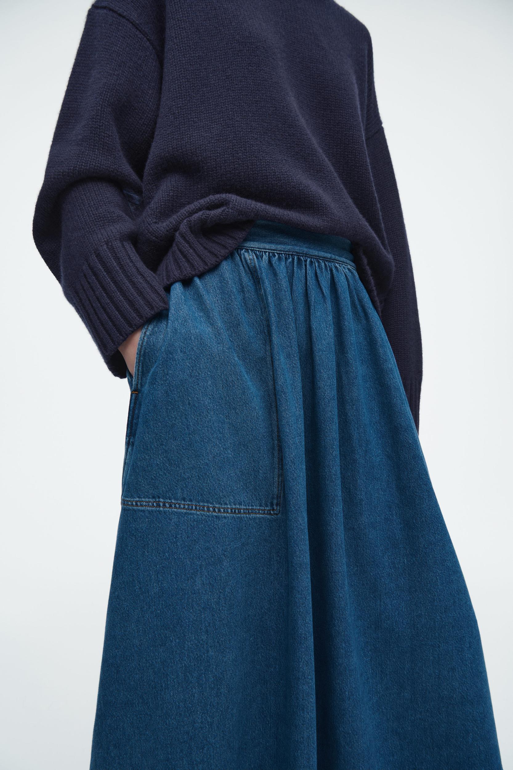 ELASTICATED DENIM MIDI SKIRT Product Image