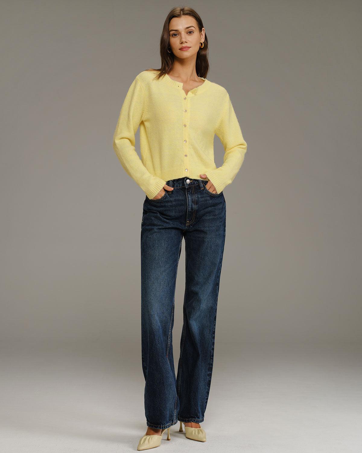 Yellow Round Neck Knit Cardigan Product Image