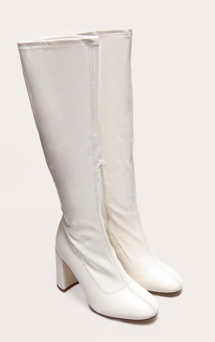 Cream PU Wide Fit Round Toe Knee High Block Heeled Sock Boots Product Image