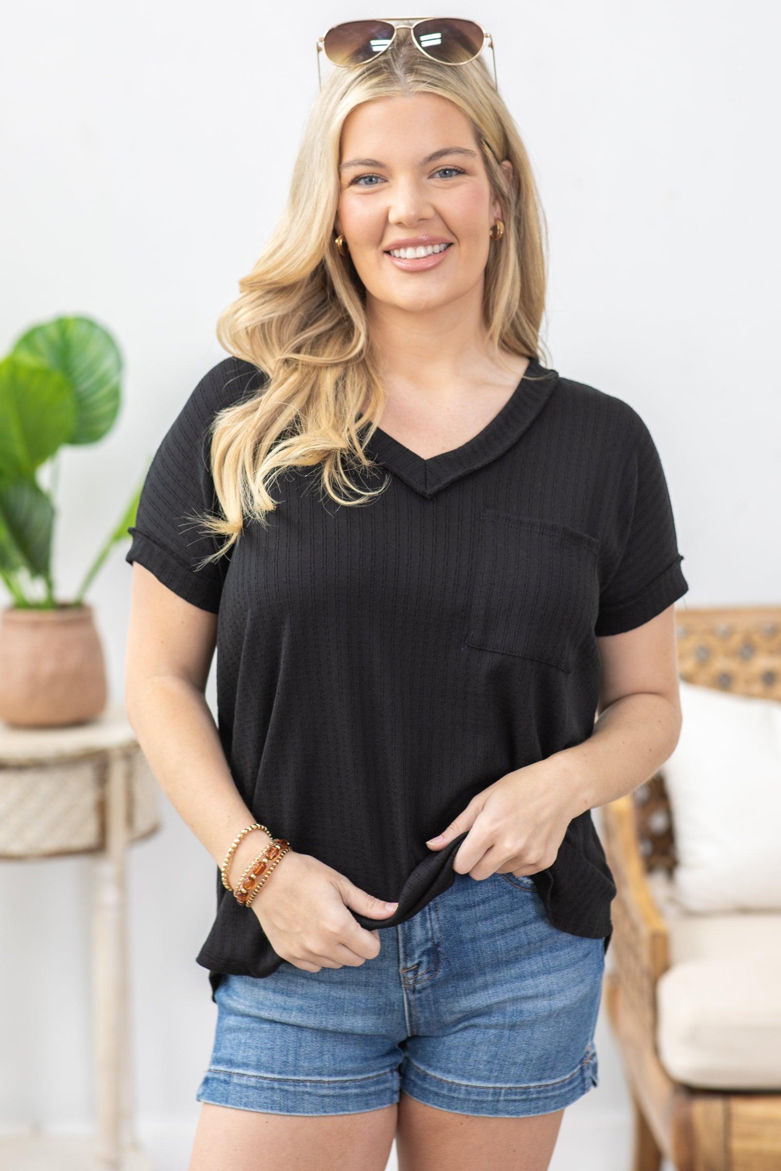 Black Textured Knit Top With Pocket Product Image