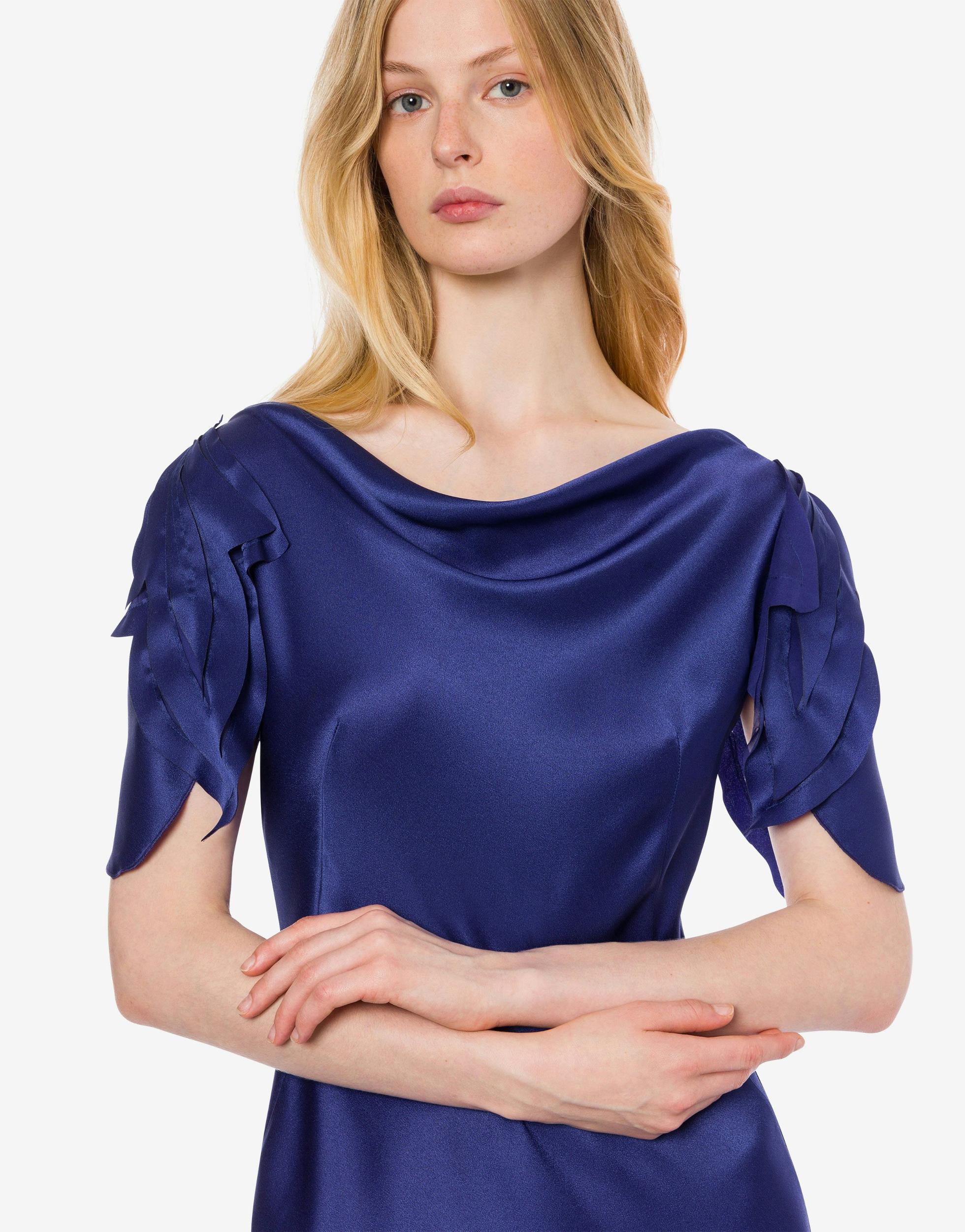 Satin long dress with laser-cut sleeves Product Image