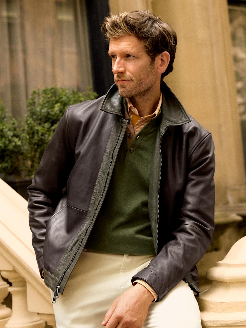 Leather Color Block Jacket - Dark Brown/olive Product Image