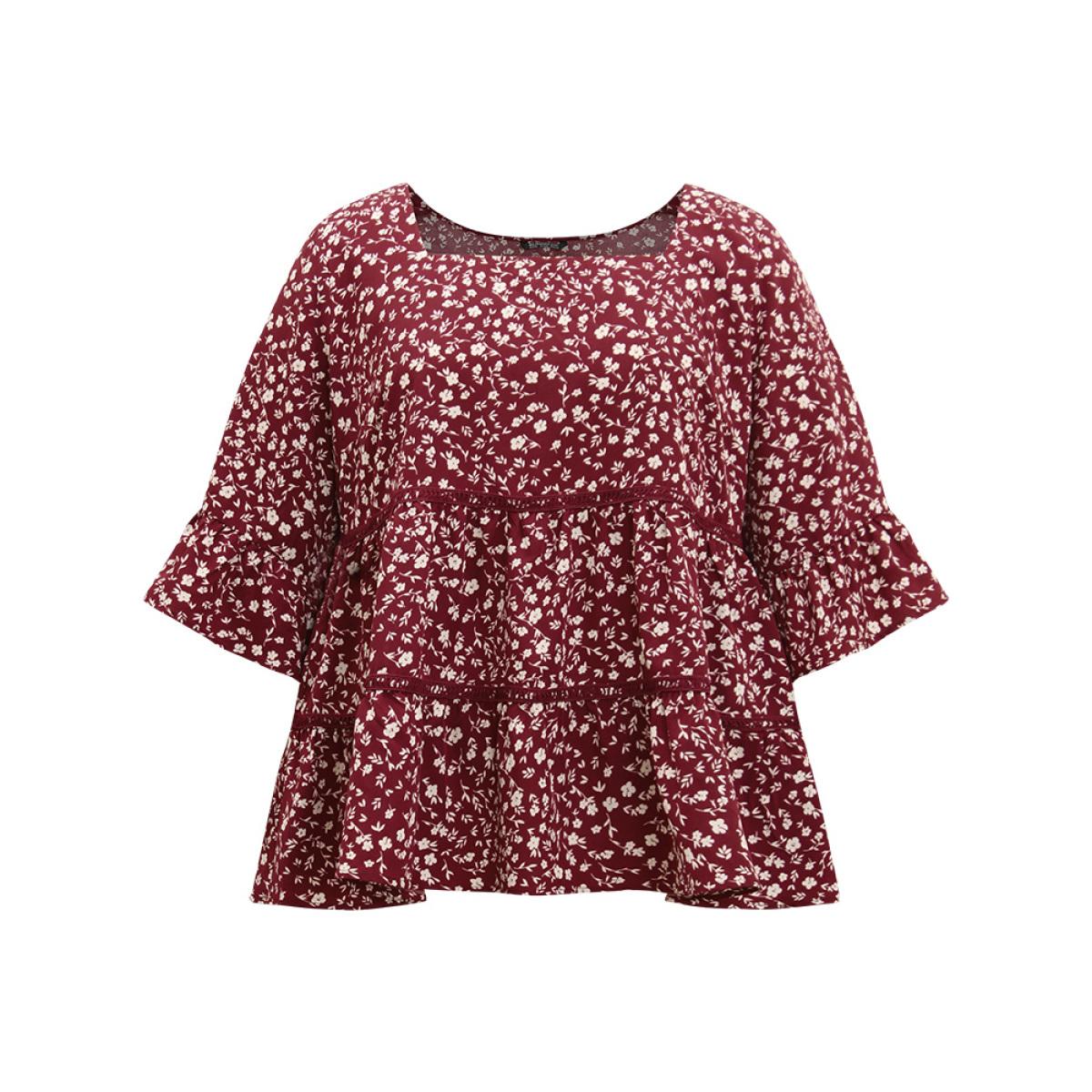 Plus Size Burgundy Silhouette Floral Print Lace Patchwork Square Neck Flutters Blouse Women Elegant Elbow-length sleeve Square Neck Dailywear Blouses BloomChic 26/4X Product Image