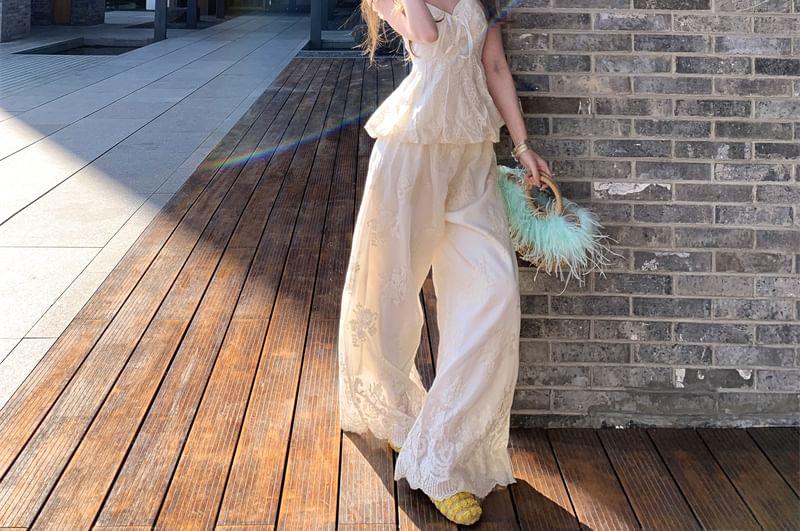Cap Sleeve Sweetheart Neck Plain Bow Embroidered Eyelet Blouse / High Waist Wide Leg Pants Product Image