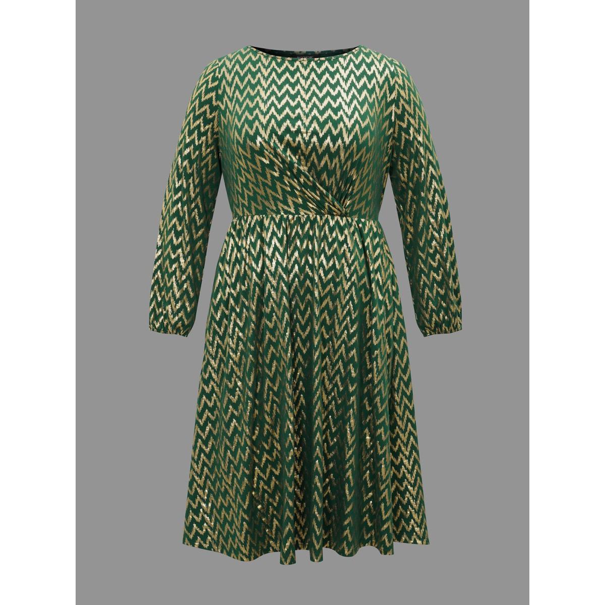 Plus Size Crew Neck Glitter Geometric Gathered Dress Emerald Women Cocktail Texture Round Neck Long Sleeve Curvy BloomChic 14-16/1X Product Image