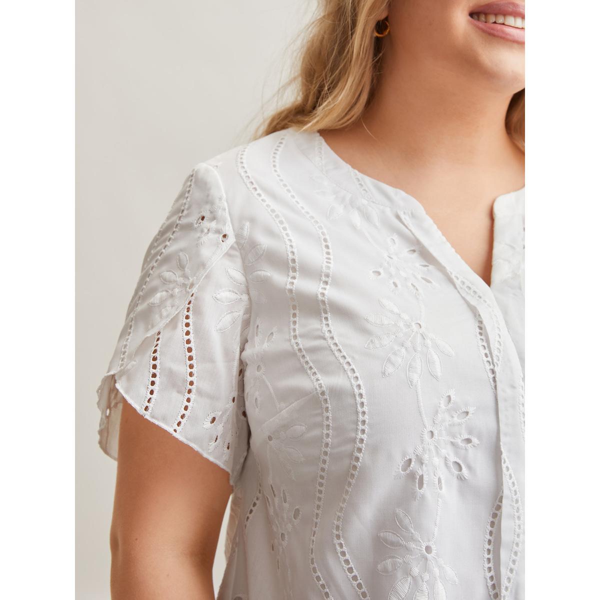 Plus Size Originalwhite Embroidered Petal Sleeve Sheer Shirt Women Elegant Short sleeve Notched collar Everyday Blouses BloomChic 22-24/3X Product Image