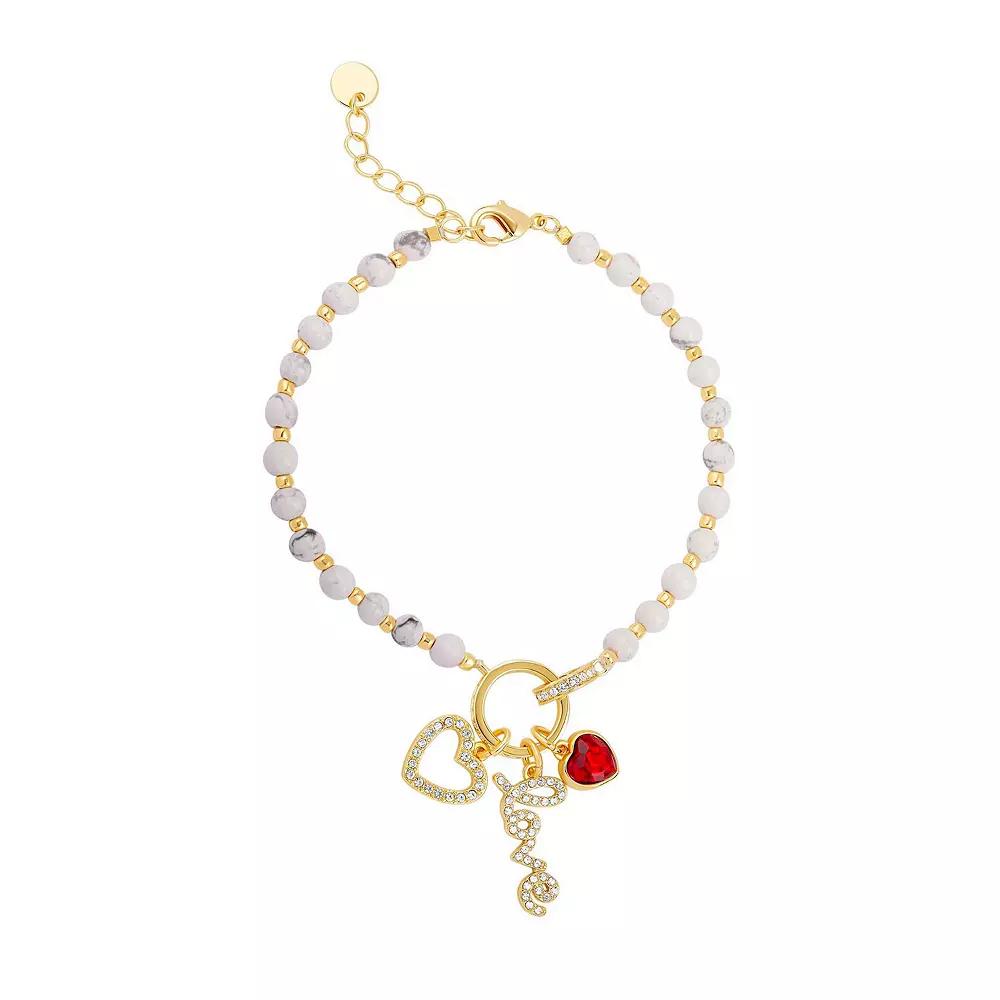 18k Gold Plated Crystal Howlite Beaded Heart & "Love" Charm Bracelet, Women's, Size: 7/8", Yellow Gold Tone Gray Product Image