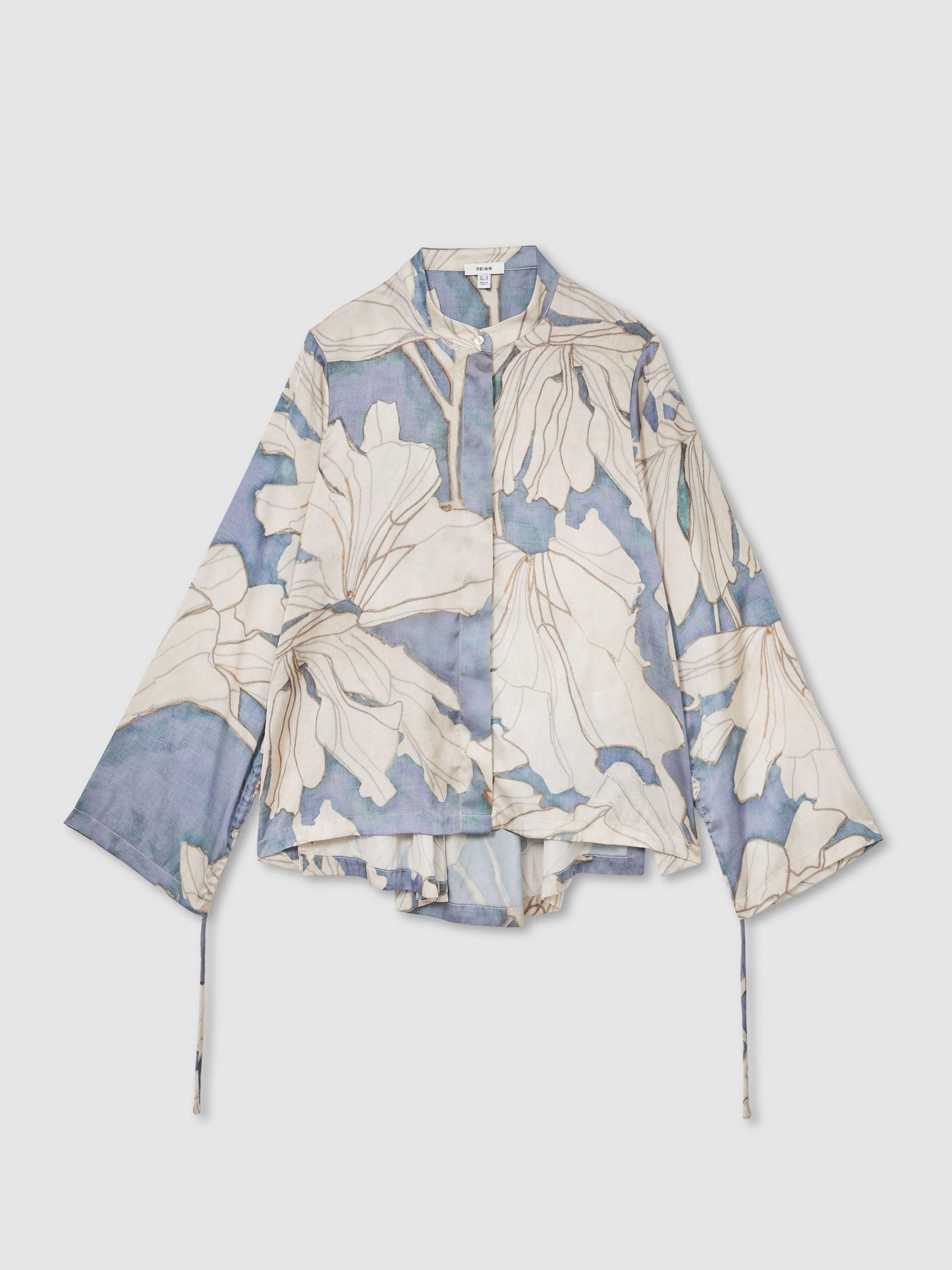 Floral Print Gathered Cut Out Shirt in Blue Product Image