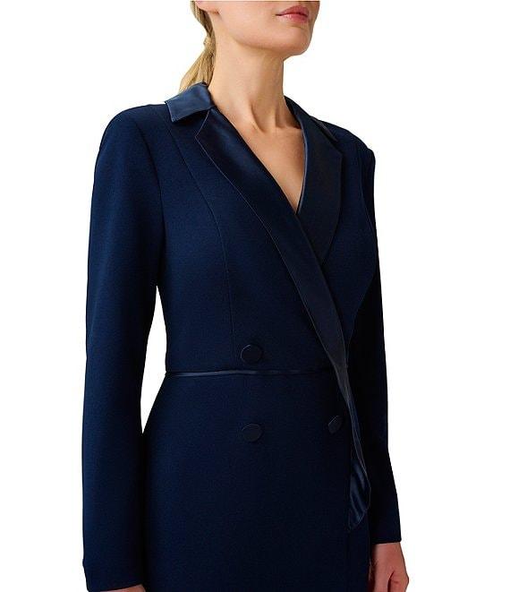 Adrianna Papell Long Sleeve Notch Lapel Surplice V-Neck Front Slit Crepe Tuxedo Wrap Gown Product Image