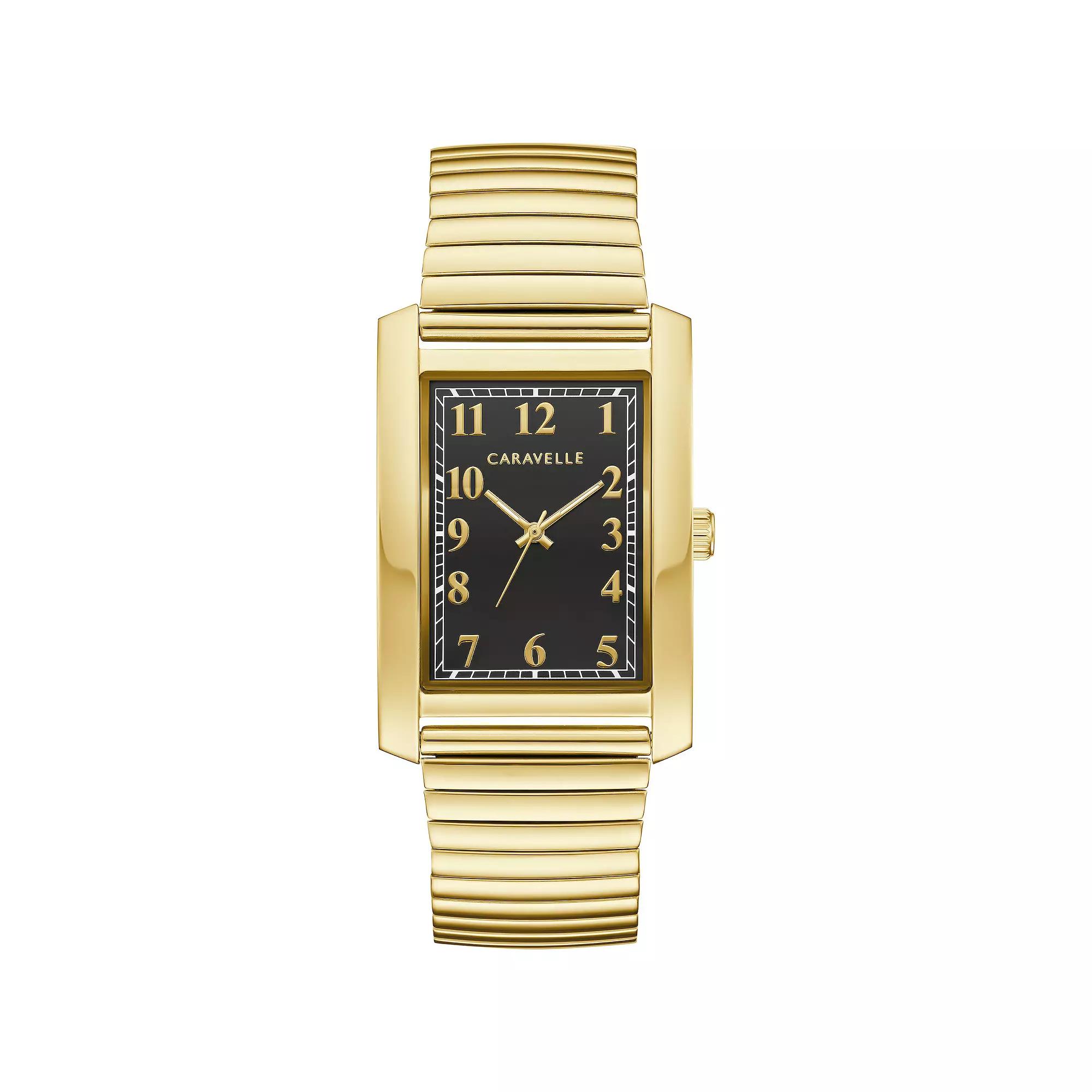 Caravelle by Bulova Mens Classic Rectangular Gold Tone Stainless Steel Black Dial Expansion Band Watch - 44A122 Product Image