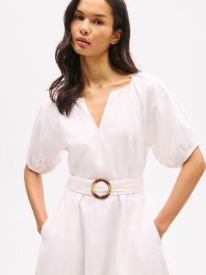 Linen Blend Puff-Sleeve Dress Product Image