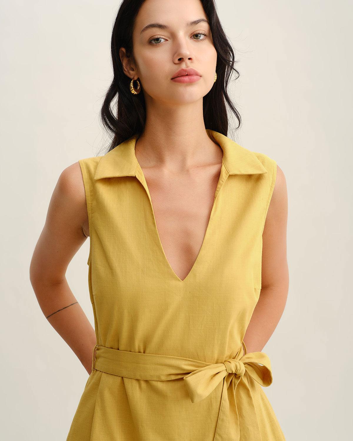 Yellow Tie Waist Sleeveless Mini Dress Product Image