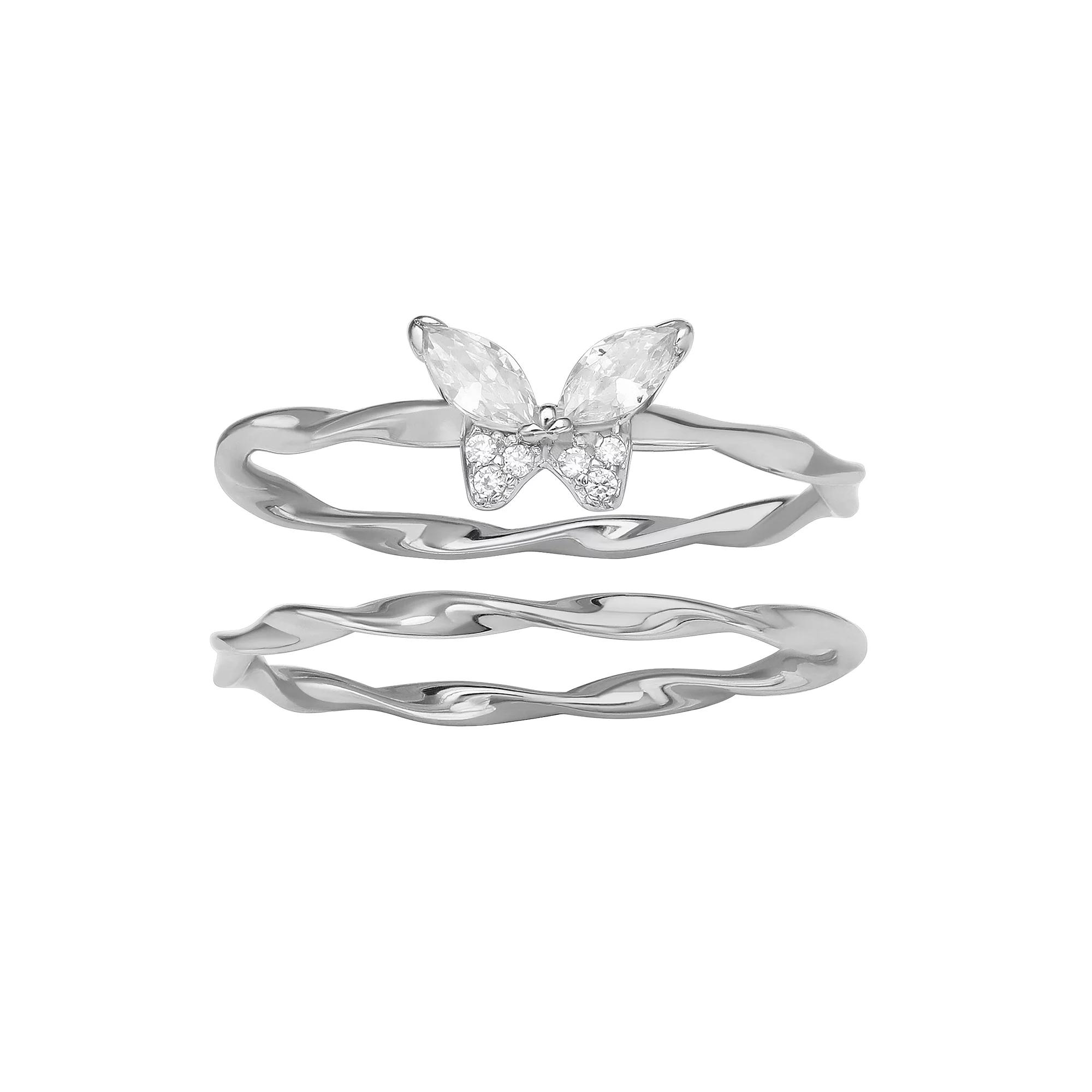 PRIMROSE Sterling Silver Cubic Zirconia Butterfly & Twist Ring Set, Womens Product Image