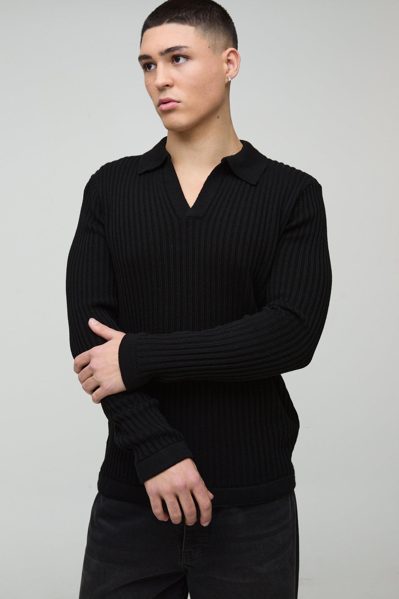 Regular Fit Ribbed V Neck Collar Knitted Polo | boohooMAN USA Product Image