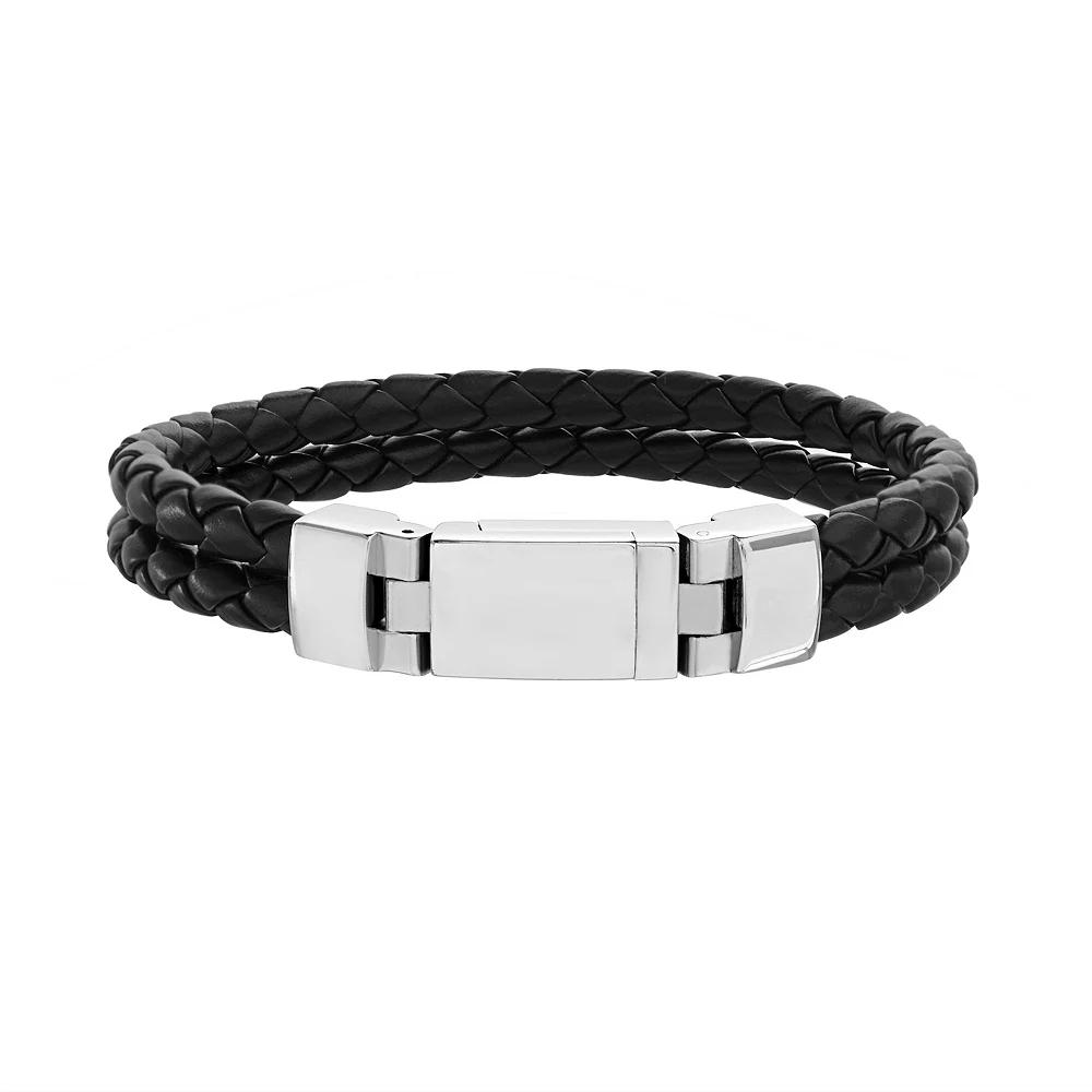 1913 Men's Double Strand Braided Vegan Leather & Stainless Steel Bracelet, Size: 8.5" Product Image