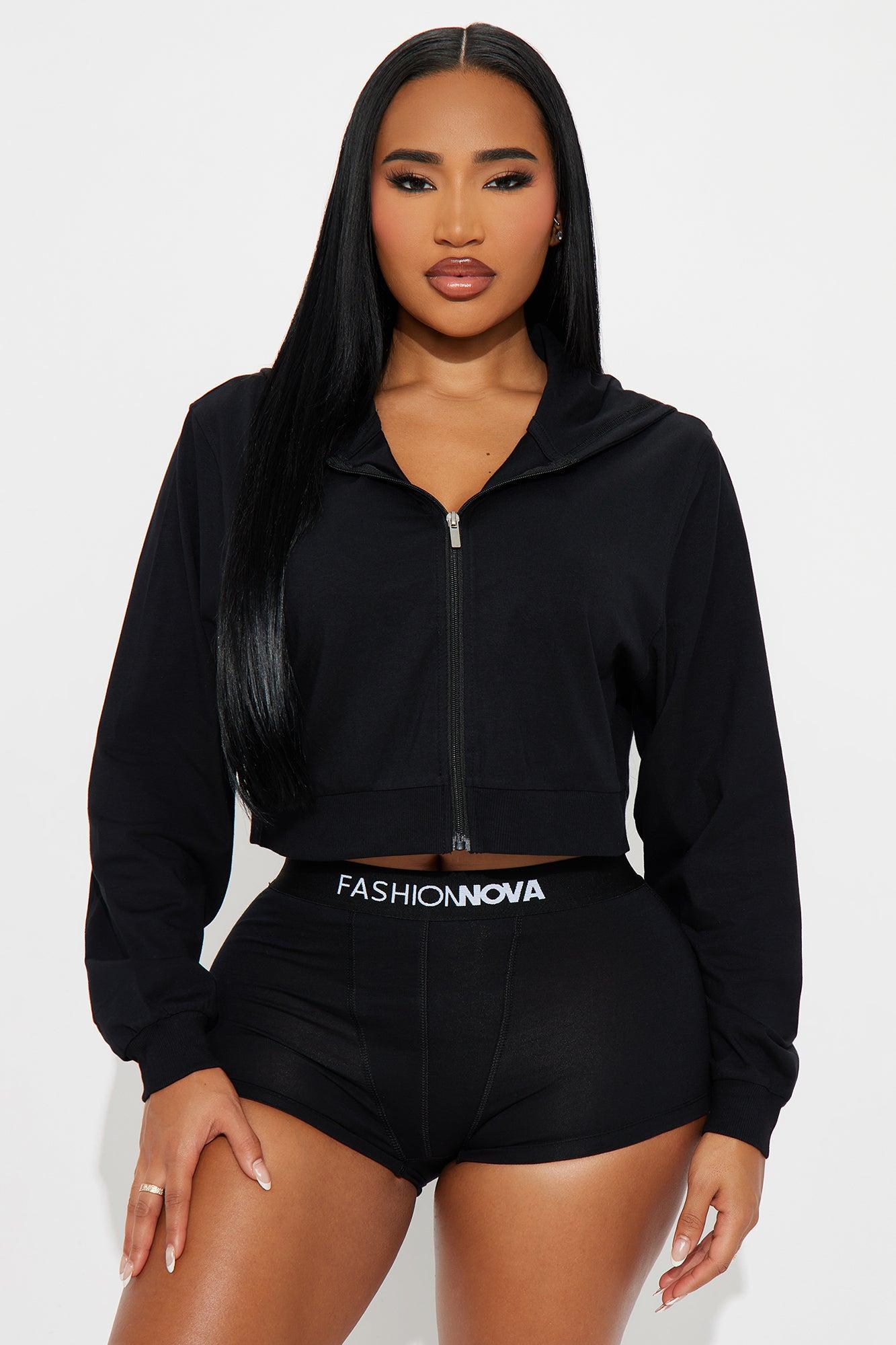 FN Mood Cami And Boxer Zip Up Hoodie 3 Piece Set - Black Female Product Image