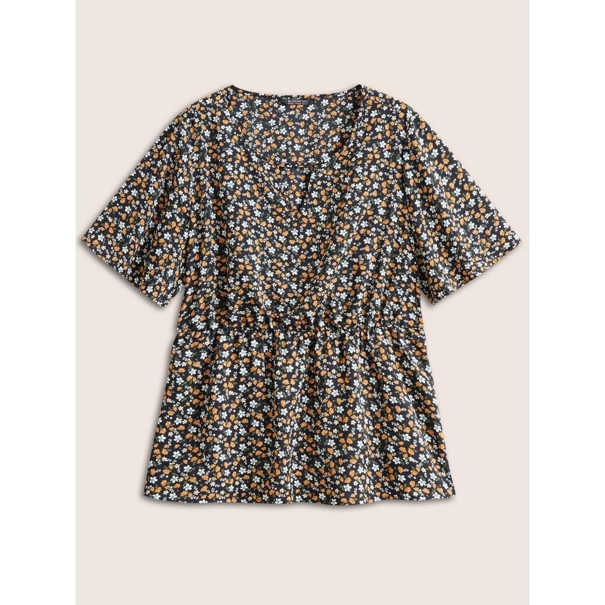 Plus Size Black Ditsy Floral Keyhole Elastic Waist Ruffle Sleeve Blouse Women Elegant Short sleeve Notched collar Everyday Blouses BloomChic 28/5X Product Image