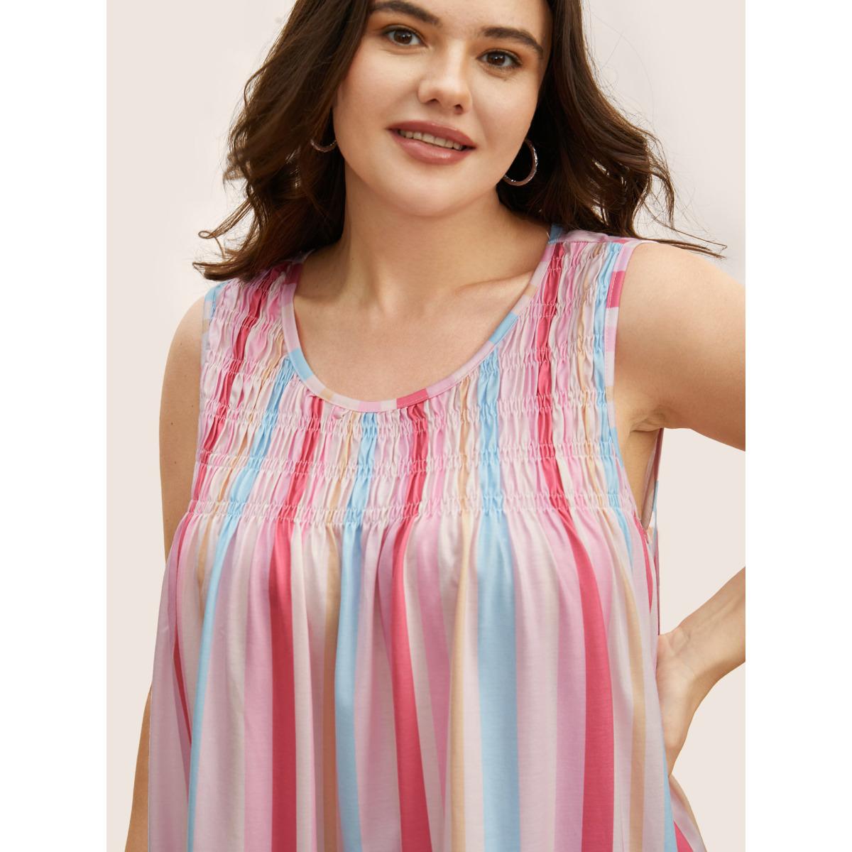 Plus Size Crew Neck Colored Striped Shirred Tank Top Women Multicolor Casual Gathered Round Neck Everyday Tank Tops Camis BloomChic 14-16/1X Product Image