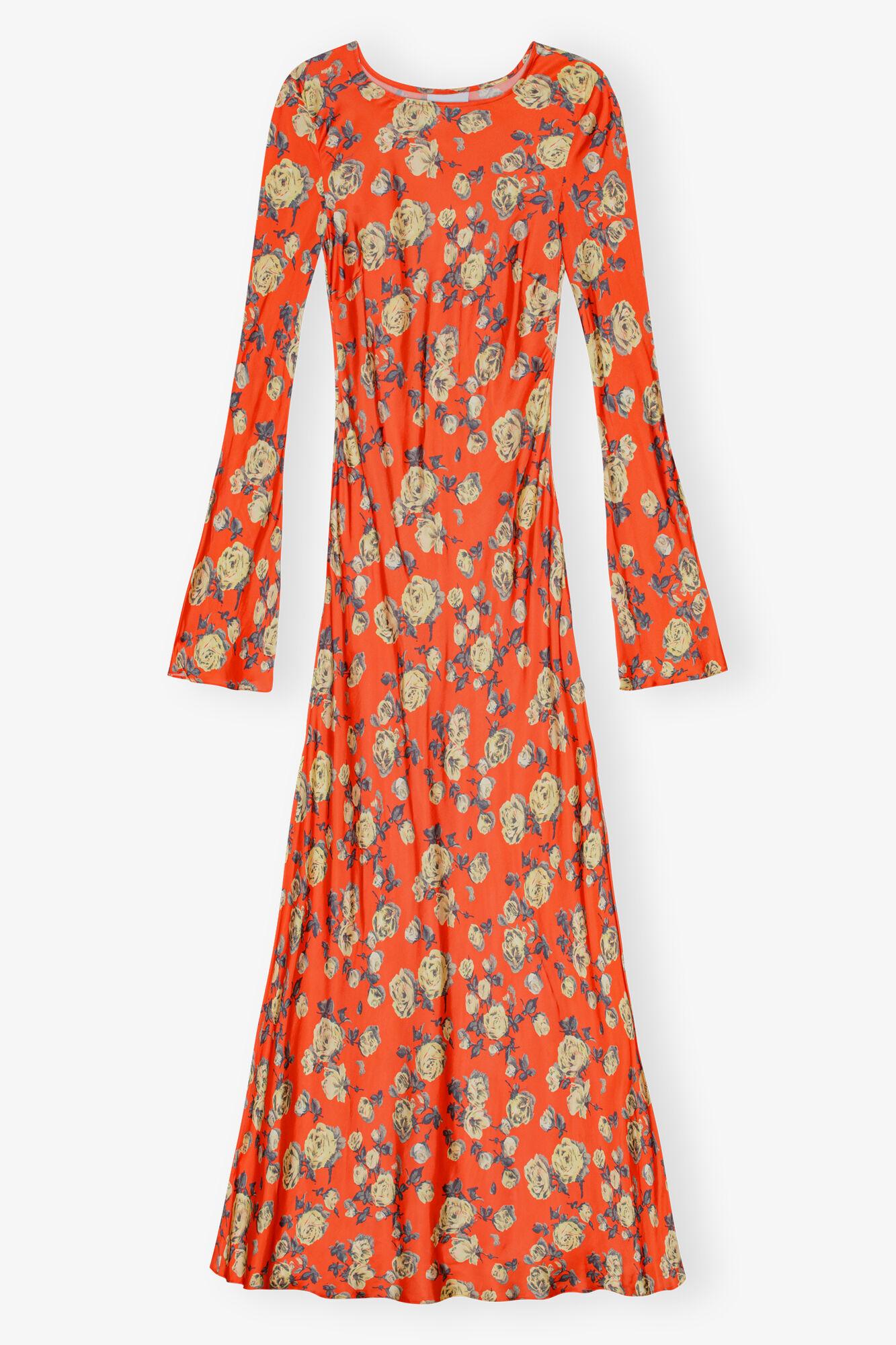 Orange Floral Printed Satin Maxi Dress Product Image