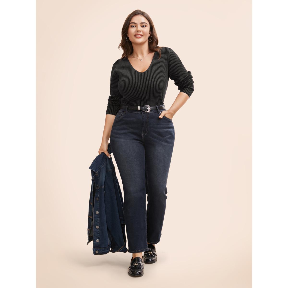 Plus Size Essentials Texture V Neck Pullover DimGray Women Leisure Skinny Long Sleeve V-neck Casual Pullovers BloomChic 22-24/3X Product Image