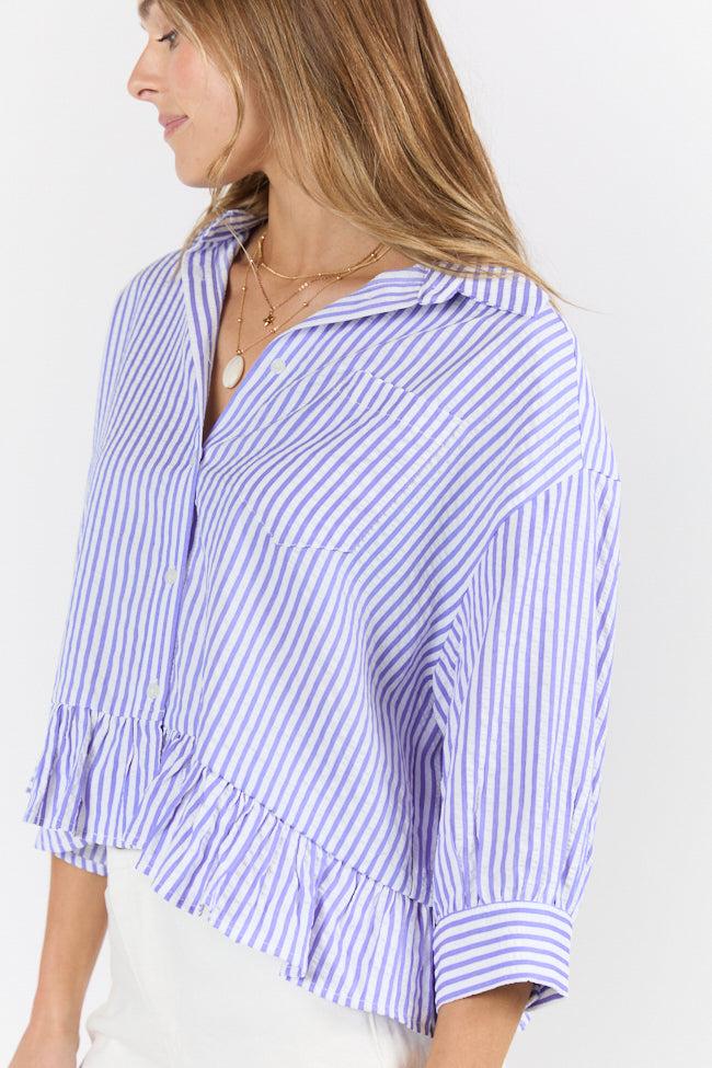 In Depth Blue Ruffle Hem Textured Stripe Button Down Top SALE Product Image