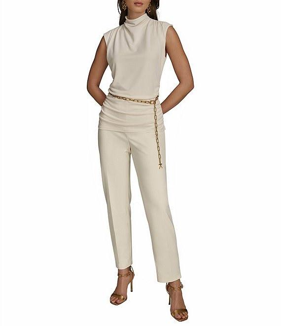 Donna Karan Gold #double;DK#double; Chain Belt Mock Neck Cap Sleeve Ruched Top Product Image