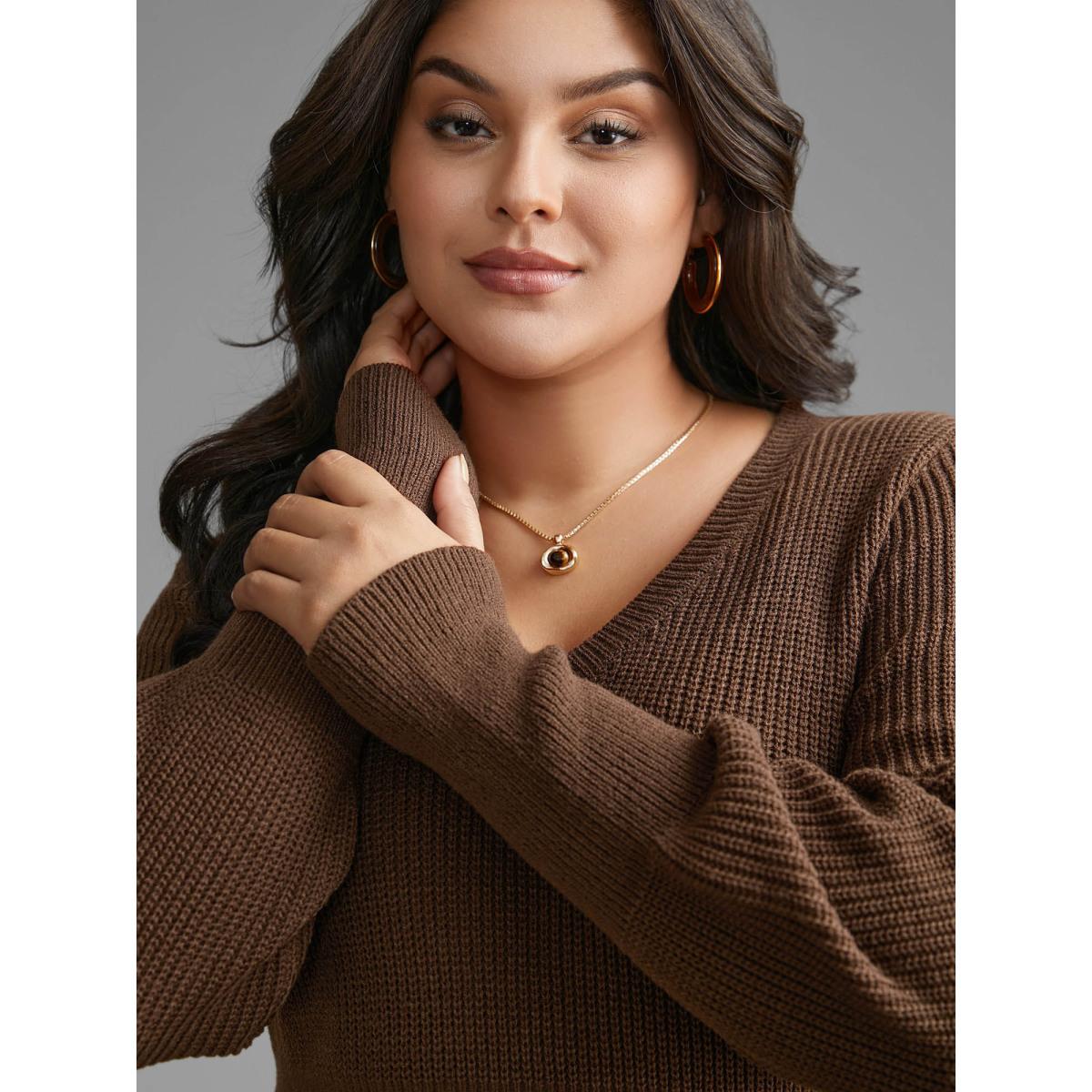 Plus Size Plain V Neck Lantern Sleeve Pullover Browncoffeecolor Women Casual Loose Long Sleeve V-neck Everyday Pullovers BloomChic 18-20/2X Product Image