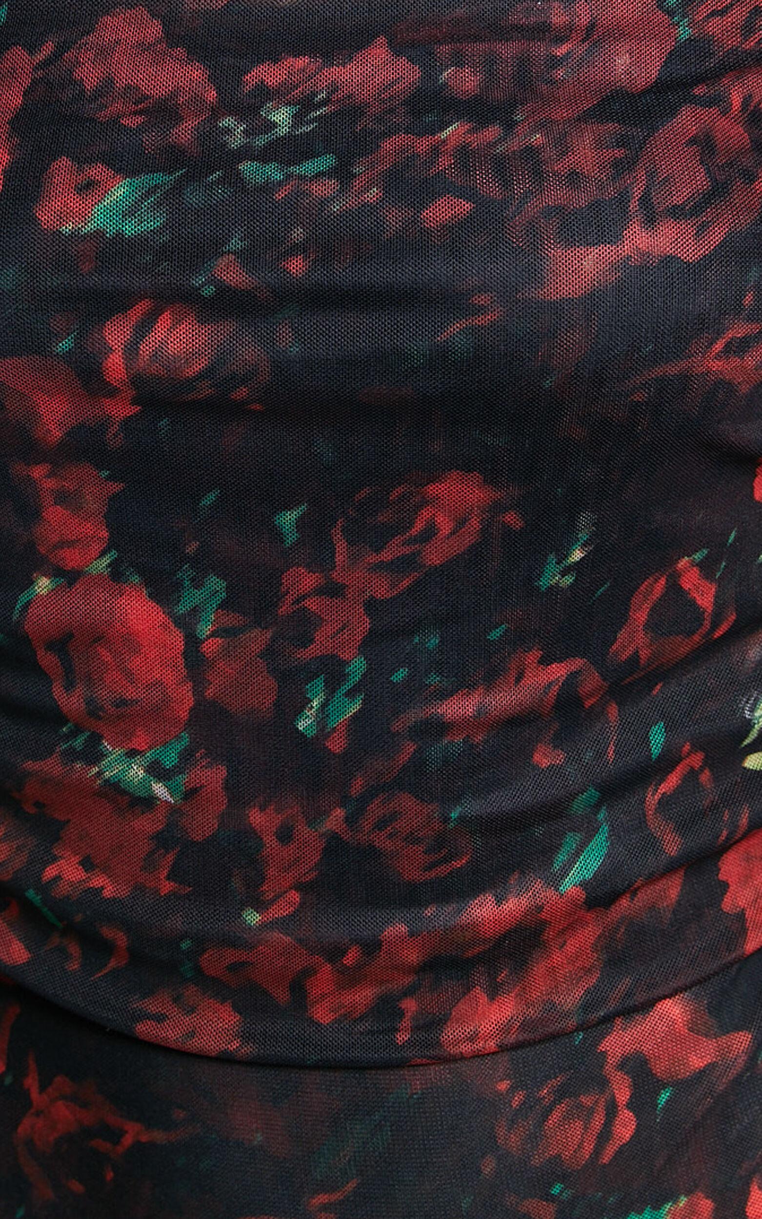 Jaythen Bodysuit - Long Sleeve Off Shoulder Ruched Mesh Bodysuit in Red Rose Product Image