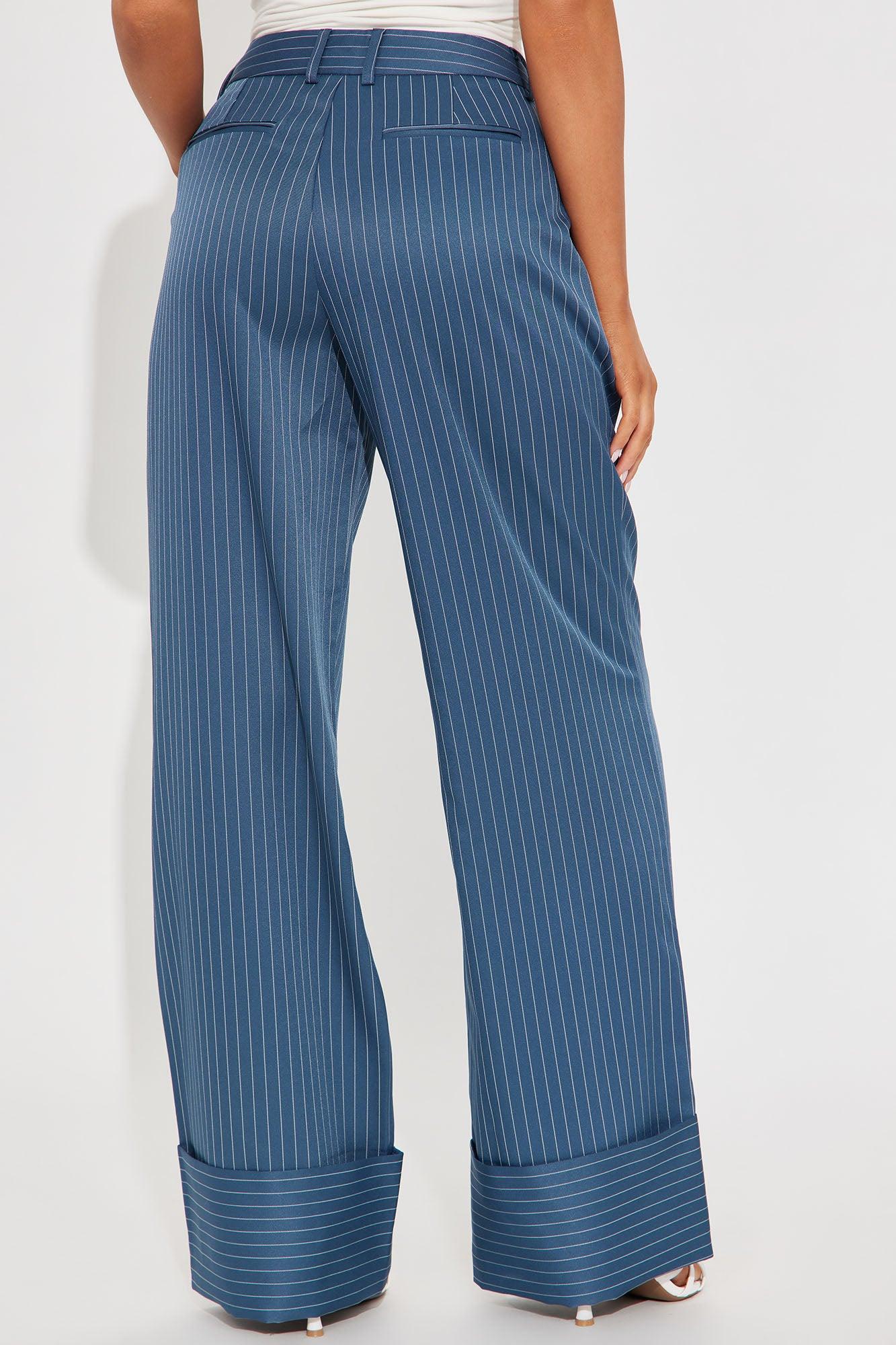 On A Tight Schedule Pinstripe Cuffed Trouser Pant - Blue Female Product Image