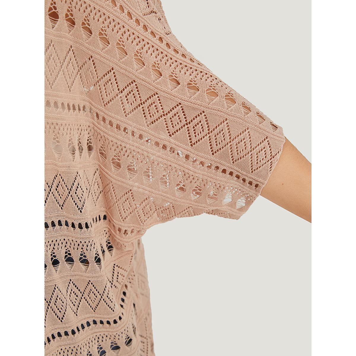 Plus Size Plain Geometric Eyelet Batwing Sleeve Open Front Cardigan Apricot Women Casual Short sleeve Everyday Cardigans BloomChic 28/5X Product Image