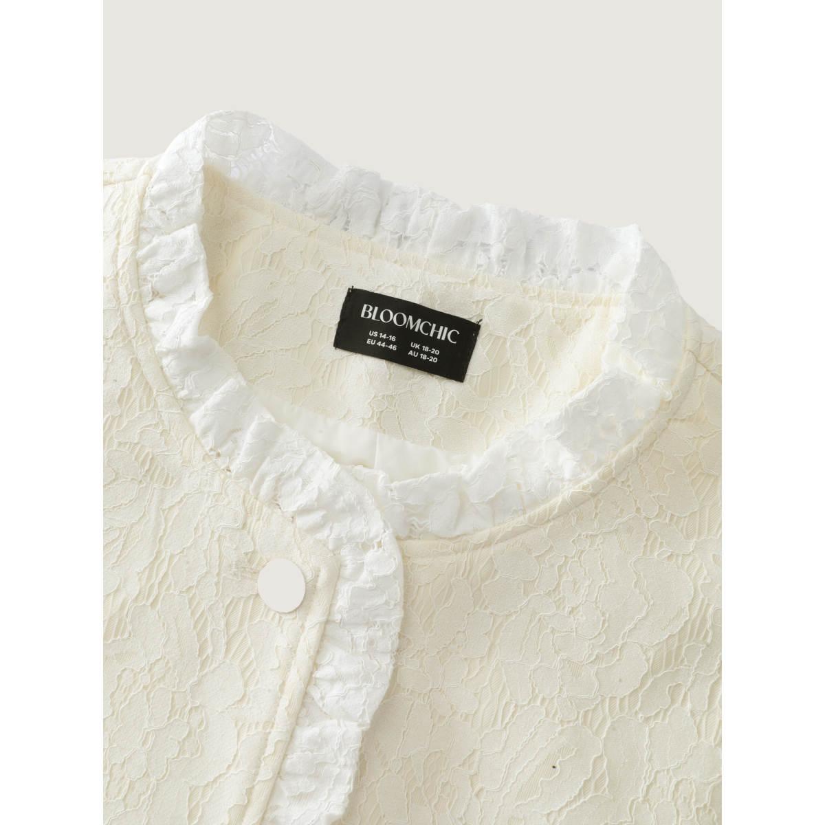 Plus Size Lace Trim Metal Buttons Blazer Ivory Women Elegant Sleeve Long Sleeve Round Neck 14-16/1X Patch pocket Retro Blazers BloomChic Product Image
