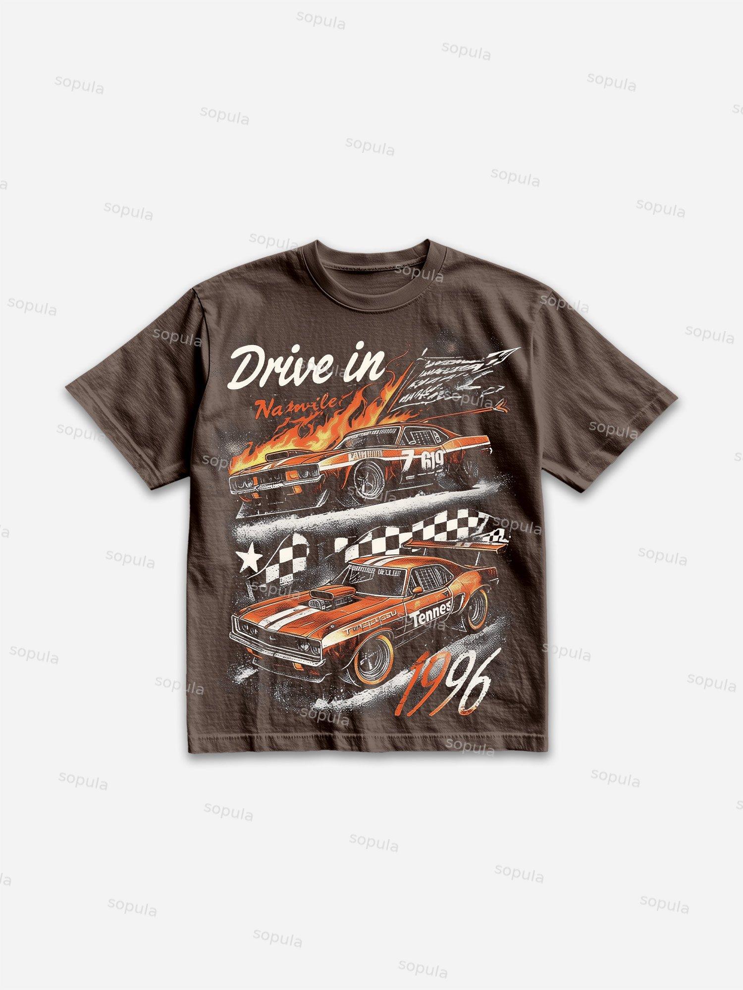 Men's Vintage Racing Flame Graphic Cotton T-shirt Product Image