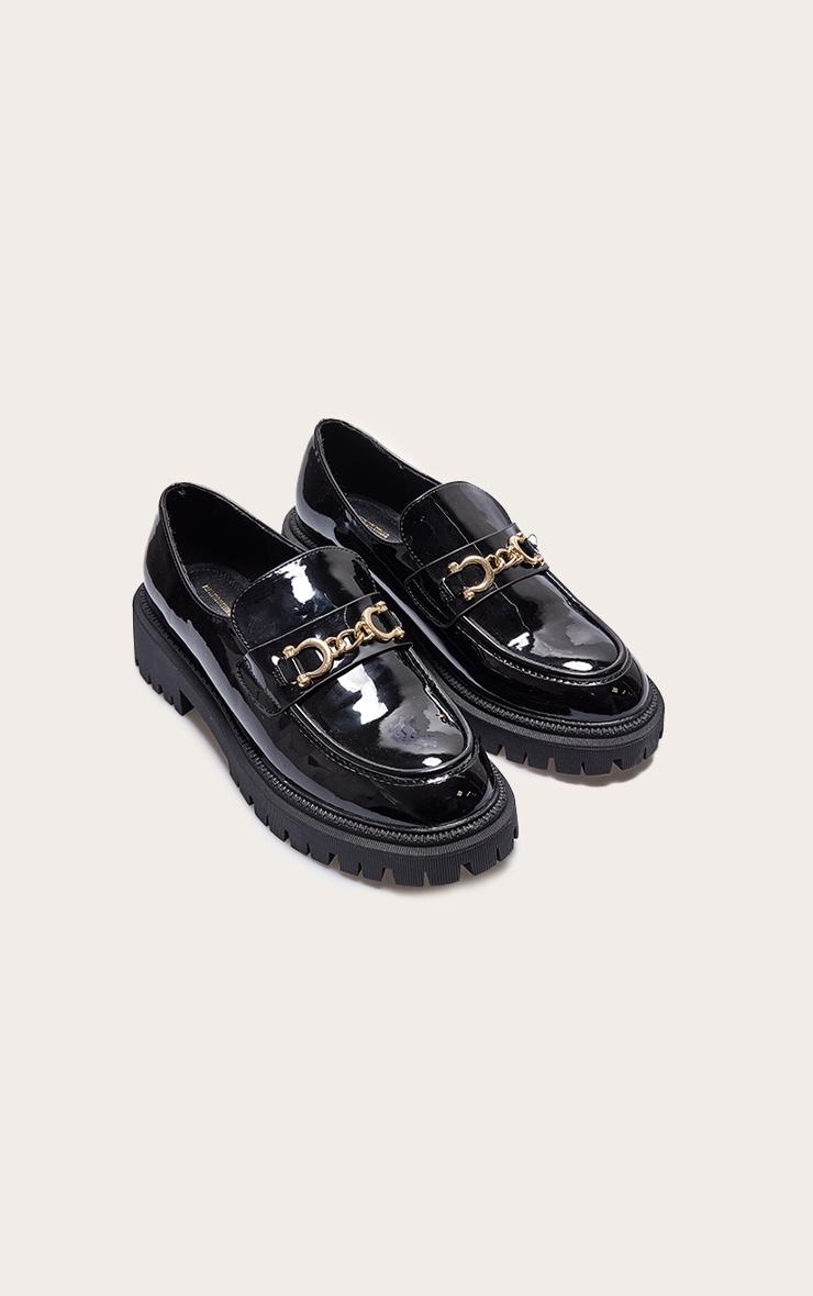 Black PU Round Toe Chunky Sole Chain Loafers Product Image