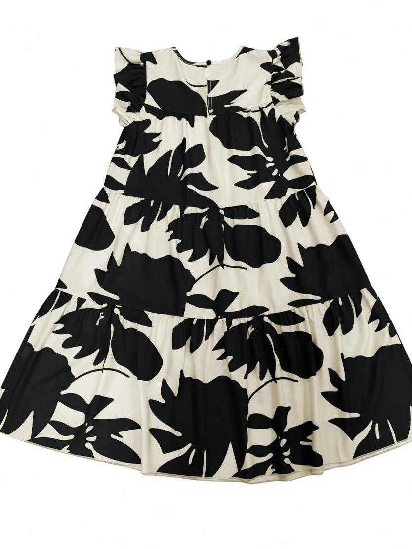 Loose Ruffle Sleeves Flower Print Pleated Round-Neck Midi Dresses Product Image
