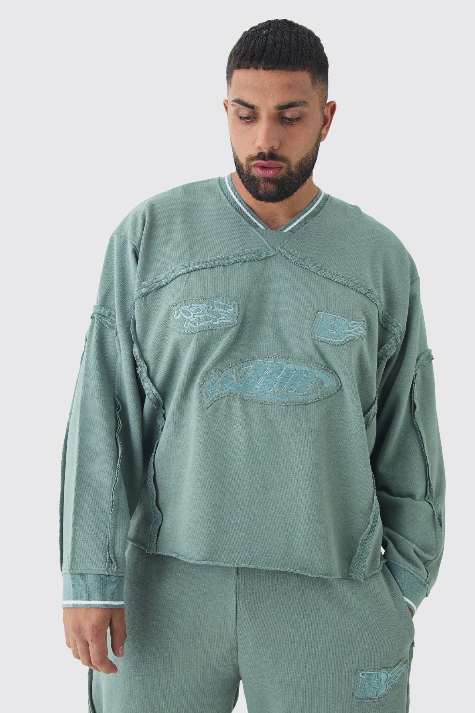 Plus Oversized Boxy Sports Rib Sweatshirt Tracksuit | boohooMAN USA Product Image