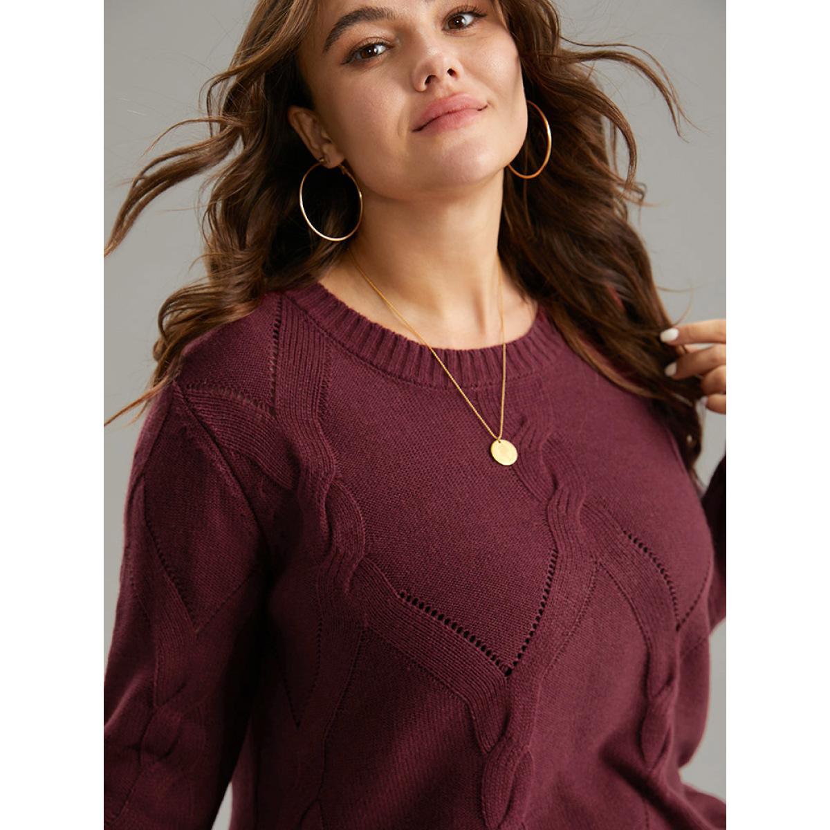 Plus Size Eyelet Cable Knit Elastic Hem Pullover Burgundy Women Casual Loose Long Sleeve Round Neck Dailywear Pullovers BloomChic 14-16/1X Product Image