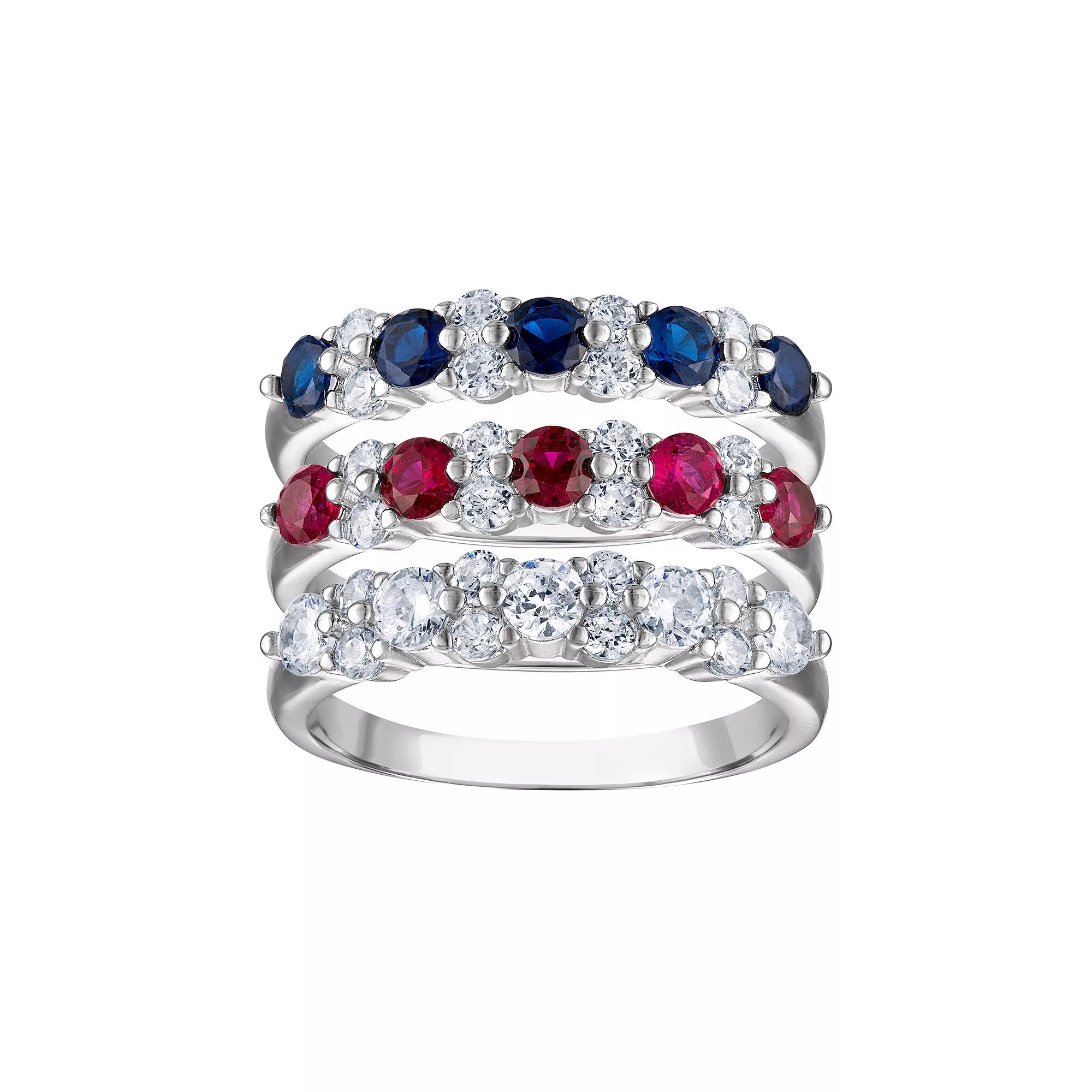 Sterling Silver 3-Piece Red, White & Blue Cubic Zirconia Stack Ring Set, Women's, Size: 10 Product Image