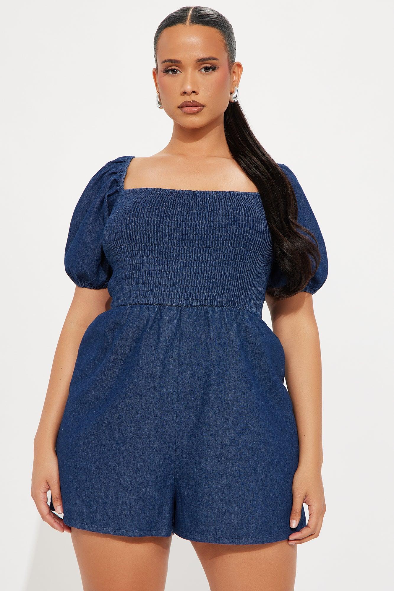 Playful Mood Denim Romper - Dark Wash Product Image