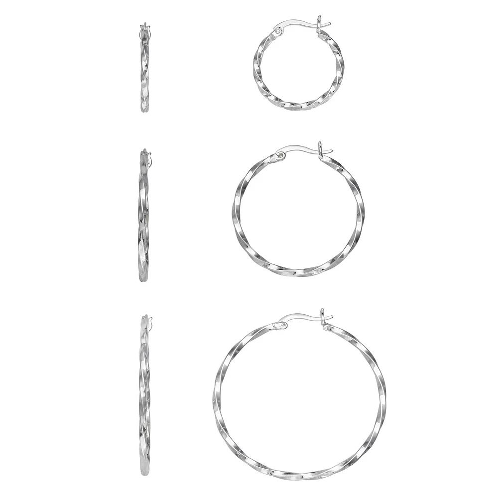 Aurielle Fine Silver-Plated Twisted Hoop Earring Set, Women's, Silver Tone Product Image