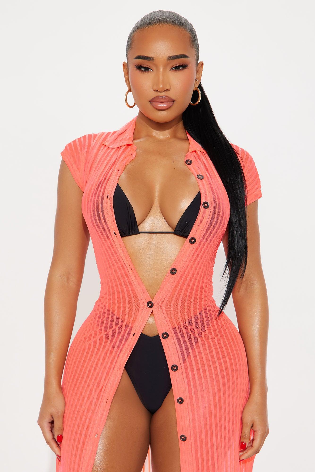 Palm Shade Stripe Midi Button Up Cover Up - Orange Female Product Image