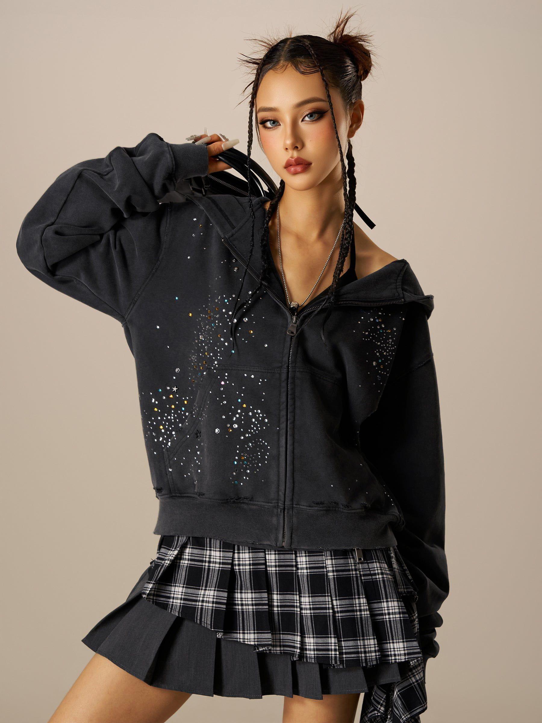 Aelfric Eden Rhinestone Boxy Zip Up V302 Hoodie Product Image
