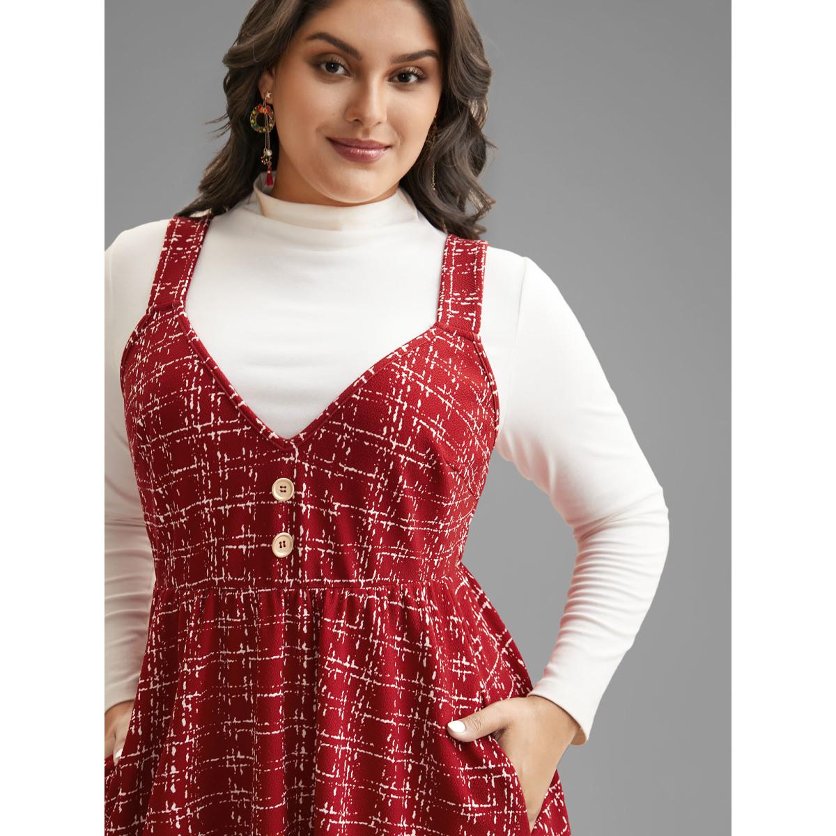 Plus Size Plaid Cami Front Button Midi Dress Scarlet Women Elegant Button Deep V-neck Sleeveless Curvy BloomChic 28/5X Product Image