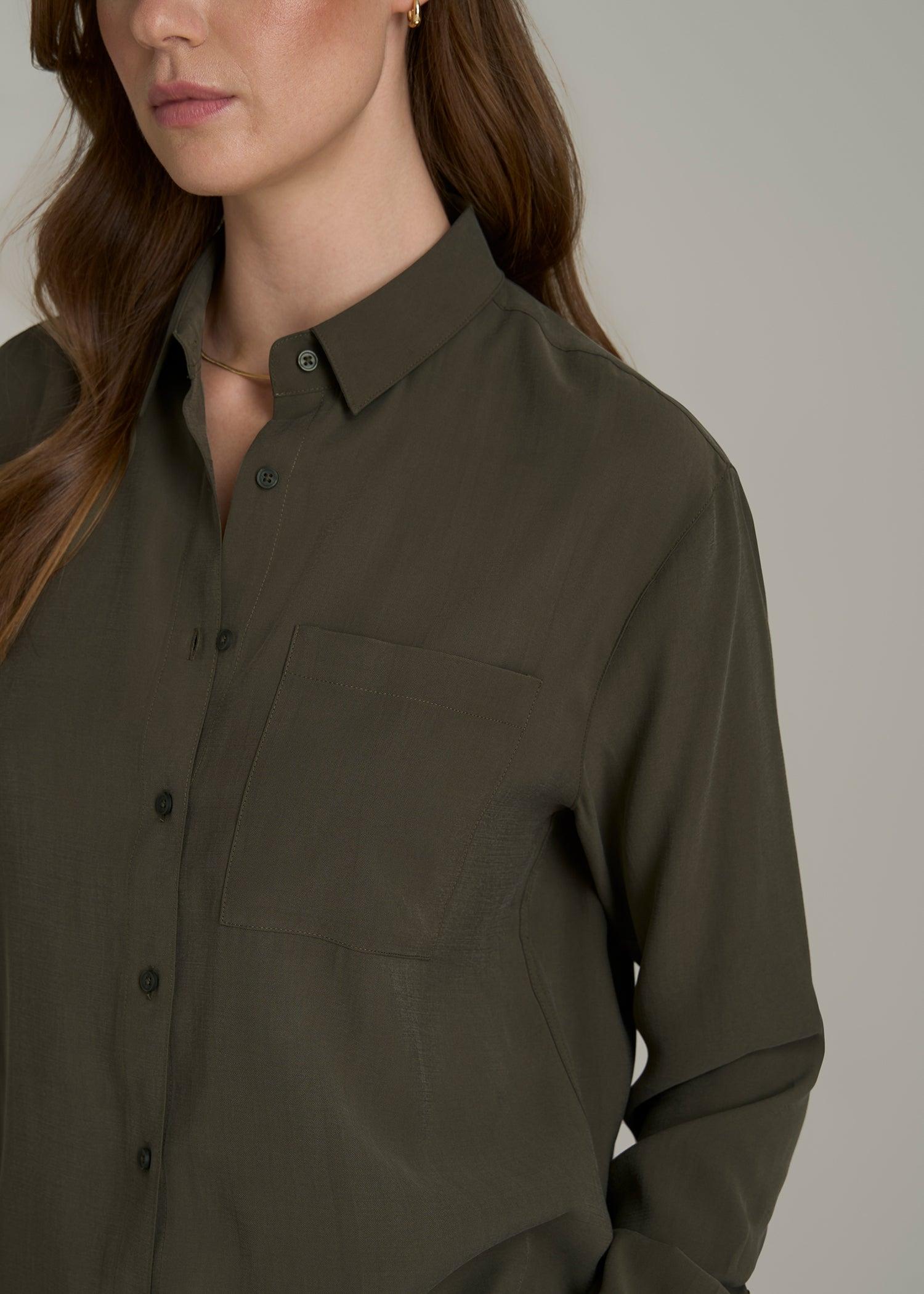 Relaxed Button-Up Single-Pocket Blouse for Tall Women in Forest Night Female Product Image