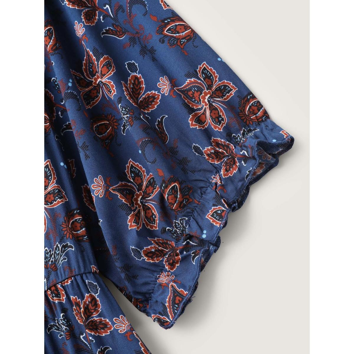 Plus Size Boho Floral Neck Tie Midi Dress DarkBlue Women Boho Notched collar Half Sleeve Curvy BloomChic 30/6X Product Image