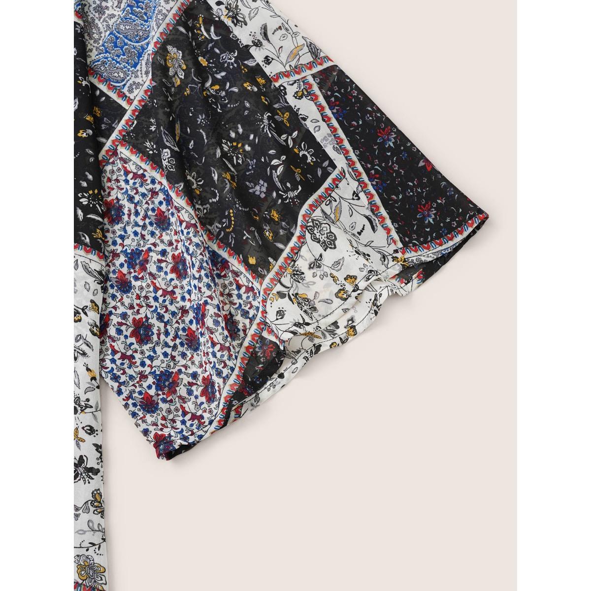 Plus Size Bandana Lace Panel Ties Patchwork Mesh Kimono Women BlackFlower Resort Woven ribbon&lace trim Vacation Kimonos BloomChic 14-16/1X Product Image