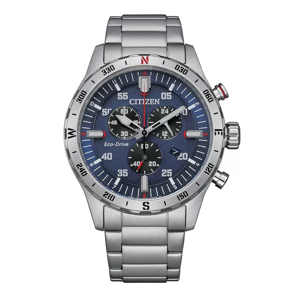 Citizen Mens Eco-Drive Stainless Steel Blue Accent Chronograph Bracelet Watch - AT2520-89L Blue Silver Product Image